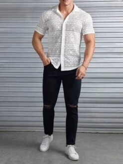 Manfinity Chillmode Men Pointelle Knit Button Front Shirt -Man Style Shop 168308623790557b391f196c0199c1540bf922b8e6 thumbnail 405x552