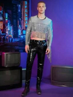 SHEIN Manfinity Fever City Men Fringe Trim Crop Glitter Tee -Man Style Shop 169094657185fd96000435763572ae746a678c0cea thumbnail 405x552