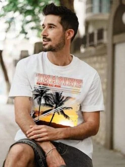 Men Slogan & Palm Tree Print Tee -Man Style Shop 16918940535f399fd57798a59578015c9ee25c2454 thumbnail 405x552