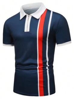 Manfinity Mode Men Striped Print Quarter Zip Polo Shirt -Man Style Shop 16919808116a9b69b044be11cfde0b4e293a9aa0a4 thumbnail 405x552